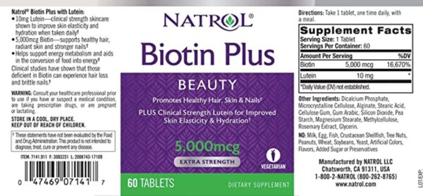 Viên uống dưỡng da tóc móng Natrol Biotin Plus Lutein 5000mcg