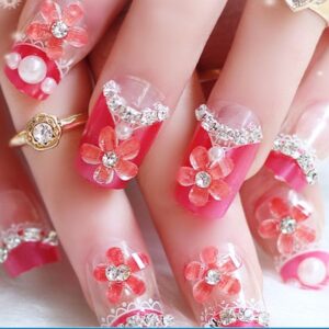 Nail đẹp trong suốt đính hoa màu đỏ nổi bật